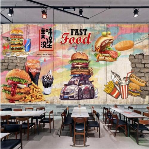 European and American Burgers Graffiti Background 3D Mural Wallpaper Retro Fast Food Restaurant Snack Bar Decor Wall Paper 3D