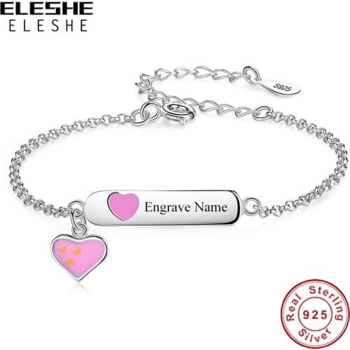 Custom Engrave Name Pink Heart Bracelet 925 Sterling Silver Chain Bracelets for Girls Kids Children Jewelry Christmas Gift