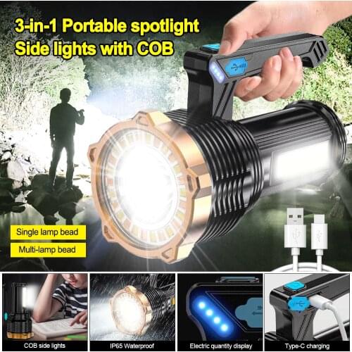 Powerful Led Flashlight COB Side Work Lamp USB Rechargeable Lantern Outdoor Waterproof Spotlight Floodlight Handheld Searchlight