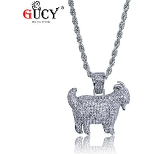 GUCY Shiny Trendy Goat Animal Pendant Necklace Charms For Men Women Gold Silver Color Cubic Zircon Hip Hop Jewelry Gifts Party