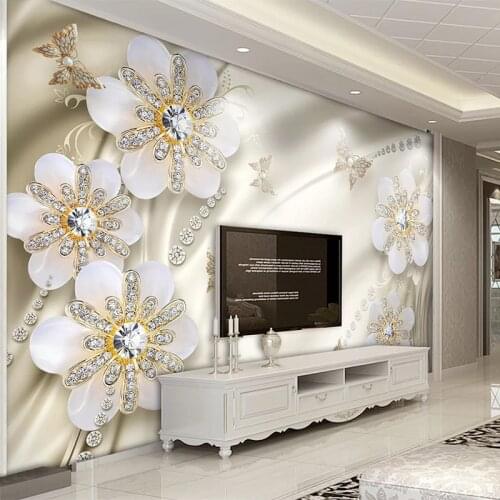 Custom 3D Wall Murals Wallpaper Luxury Golden Jewelry Diamond Flower Large Mural European Style Living Room TV Background Decor
