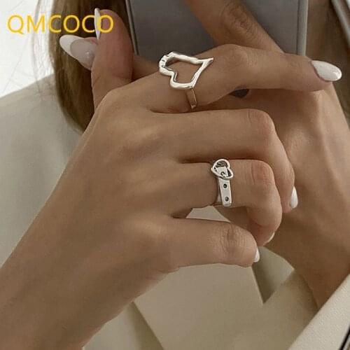QMCOCO 925 Silver Heart-Shape Rings For Women Couples Creative Fashion Hollow Out Geometric Ring For Bride Elegant Party Gifts