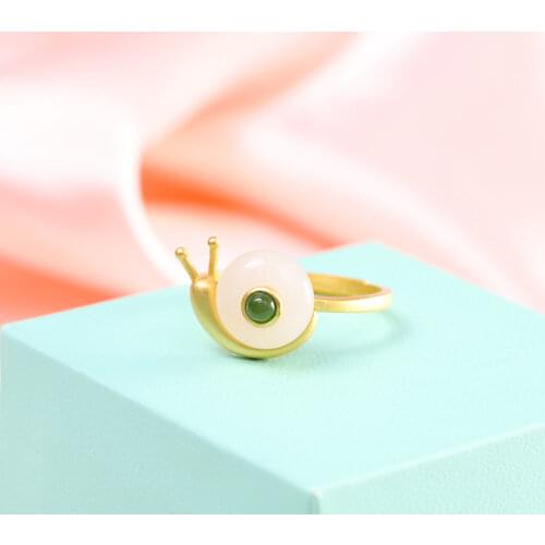 S925 Sterling Silver Inlaid Hetian Jade Ring Snail Classic Peace Buckle Ring Simple All-Match Small Ornament for Women