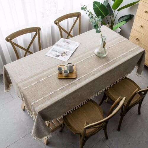 Korean style Cotton Linen Tablecloth High-Grade Embroidery Grey Fringed Lace Table cloth Striped Rectangular Dining Table Cover