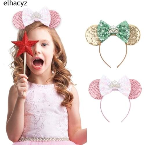 Girls Crown Pearls Sequins Mouse Ears Bow Headband Kids Hair Accessories Women Boutique Headwear Mujer Cute Party Hairband