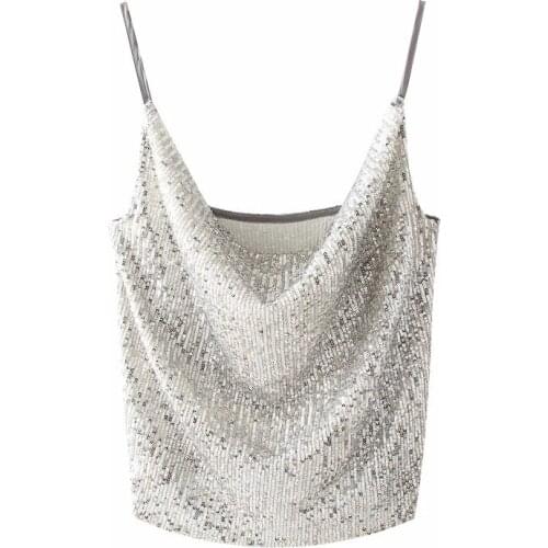 Women Fashion Silver Shinny Sequined Za Sling Tops Female 2021 Sping Knitted Sexy Camis Women Solid bling-bling Short Tops Femme