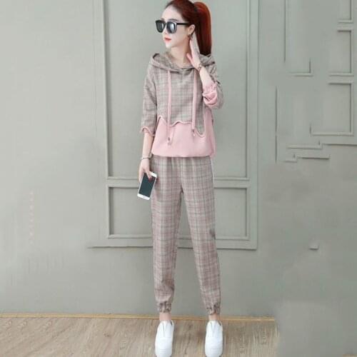 Women Elegant Solid Sets For Women Hoodie Sweatshirts And Long Pant Fashion Plaid office Two Piece Sets Ladies Sweatshirt Suits