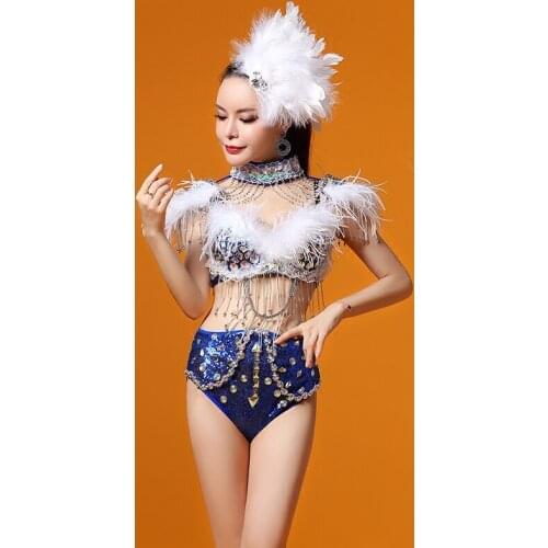 Blue Dense Sequins Short Chains Rhinestones Ostrich Hair Bra Women Set Bar Nightclub Dj Female Singer Ds Stage Show Sexy Costume