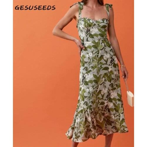 Summer Midi Dress Elegant Party Dresses Women 2021 Floral Print Sleeveless Dress Ruffle Backless Dresses Holiday Vestidos