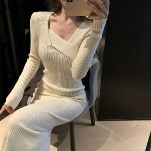 New Women Sweater Dress Slim Split Long Sleeve Korean Elegant Solid Knitted 2021 Autumn Winter Clothes Irregular Female Vestidos