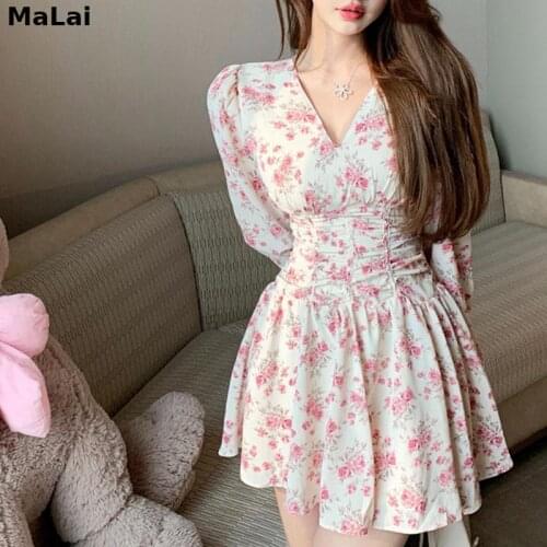 Women Long Sleeve Casual Vintage Mini Dresses Chic Summer Elegant Floral Dresses Evening Party Korean Fashion 2021 Summer
