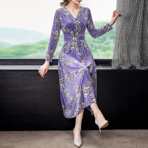 ZUOMAN 2021 Fall Winter Purple Floral Velvet Midi Dresses Korea Vintage 3XL Plus Size Long Dresses Women Elegant Party Vestidos