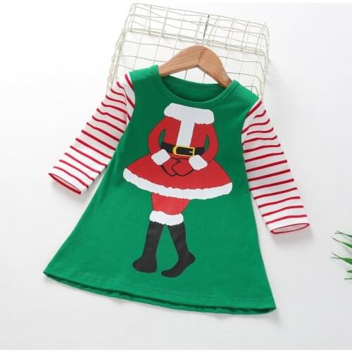 2021 Christmas Dress Long Sleeve Girls Kid Baby Striped Cartoon Santa Party Cotton Princess Dress Toddler Dress Vestido Infantil