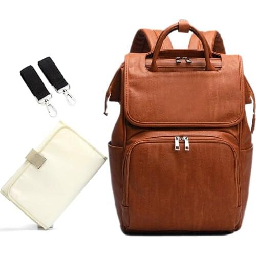 Large PU Leather Diaper Bag Backpack for Mom in Brown Stroller Organizer Bags Maternity Travel Baby Nappy Bags Panaleras