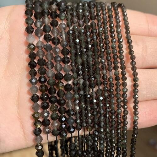 Natural Faceted Black Obsidian Stone Beads Gem Round Loose Spacer Beads For Jewelry Making DIY Bracelets 15'Strands 2/3/4mm