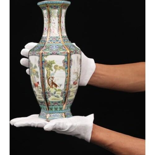 Enamel Ceramic Vase Painting in Qianlong Year Mark Golden Zodiac Hexagonal Vase Antique Porcelain Collection