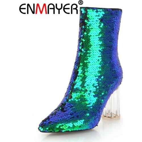 ENMAYER Women Ankle boots Pointed Toe High heels Short boots Autumn Winter boots Glitter shoes Thin heels Silver Zipper CR1202