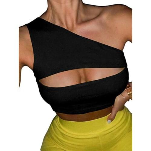 Womens T-shirt One Shoulder Sleeveless Bra Ladies Bralet Vest Tank Crop Top Summer Elastic Sexy Slim Hollow Sport Short Camis