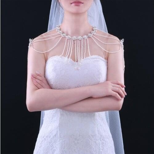 2021 Hot Wedding Faux Pearl Tassels Necklace Crystal Flower Shoulder Chain Bib Shawl Wrap