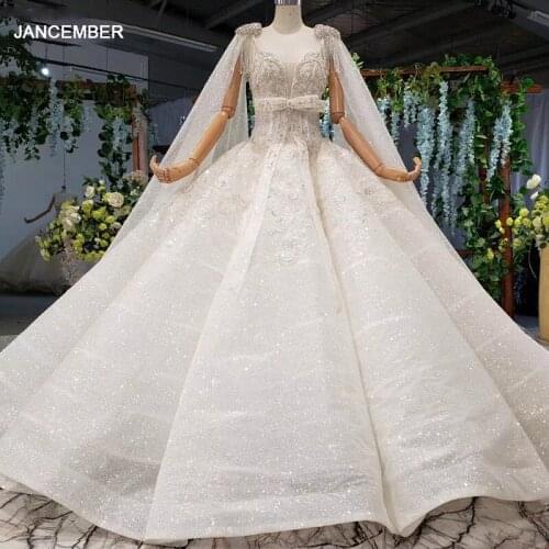 HTL973 ball gown wedding dresses detachable sleeve shawl o-neck bow belt bead wedding gowns with tail glitter robe mariage femme