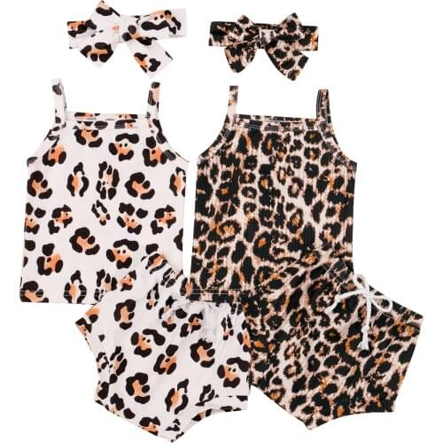 FOCUSNORM 3pcs Summer Baby Girls Clothes Sets 0-18M Leopard Printed Sleeveless T Shirts Tops Shorts Headband