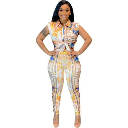 Sexy Print Clain Two Pieces Pant Set Women New Summer Sleeveless Shirt Top And Pants Suit Sportwear Outfit Matching Sets