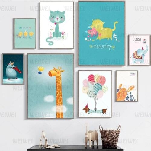 Cute Cartoon Animal Pictures Giraffe Elephant Canvas Painting Nursery Woodland Wall Art Posters and Prints Kids Baby Room Decor