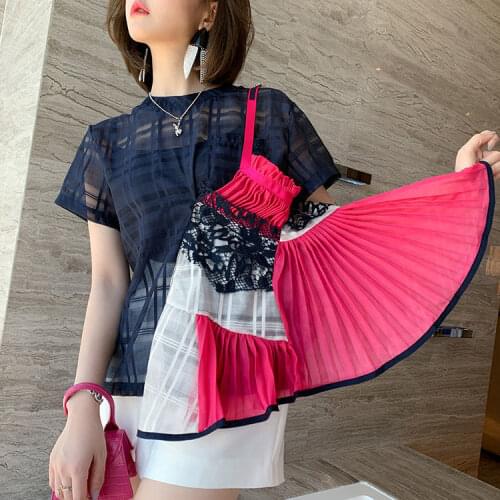 Fashion T Shirt for Women 2021 Summer New Lace Strap Stitching Organza Irregular Short Sleeve T-shirt with Free Gift