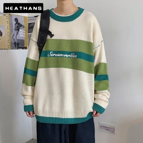 O-Neck Mens Sweaters Patchwork Oversized Striped Winter Knitted Sweater Pullover Mens Harajuku Sweater Casual Male Pullovers