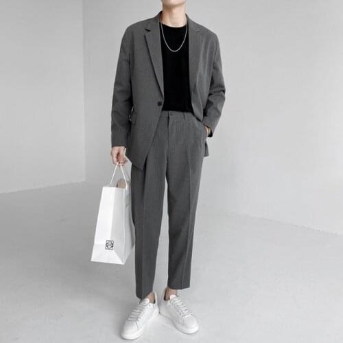 Mens 2PCS Stripe Suits Sets Korean Streetwear Loose Business Casual Blazers Jacket Ankle-length Pants Male Dress Wedding Suits