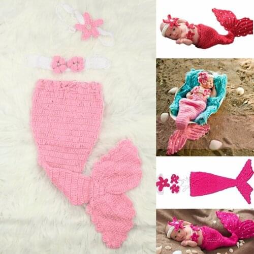 Nosii Infant Baby Mermaid Fishtail Knit Crochet Sleeping Blanket Bag+Bra+Headband Photography Prop