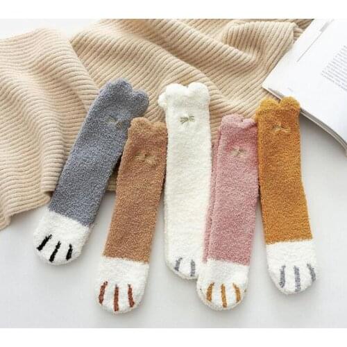 Cute Cat Claw Thick Socks Women Coral Fleece Velvet Socks Girls Winter Thicken Warm Socks Female Boots Home Floor Calcetine