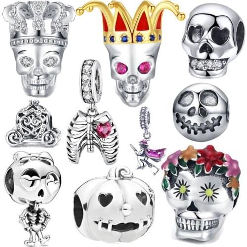 Halloween skull beads original 925 sterling silver charm fit Pan bracelet or necklace pumpkin pendant diy jewelry making bangle