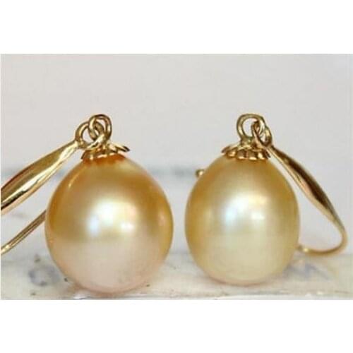 Pair 9-11mm south sea gold pearl dangle earring14k