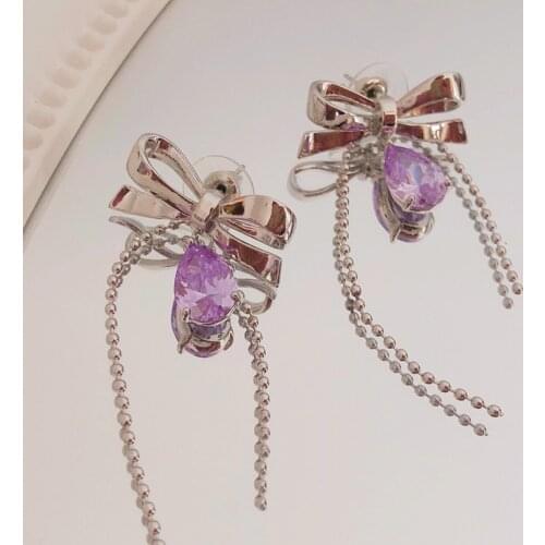 Lifefontier Korean Purple Crystal Pendant Drop Earrings for Women Metal Bowknot Beaded Chains Tassel Earrings Fashion Jewelry