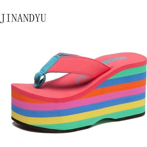 Rainbow Flip Flops Women High Heels Platform Wedges Shoes for Women Summer Casual Beach Shoes Chunky Slides Slippers Heels 9cm