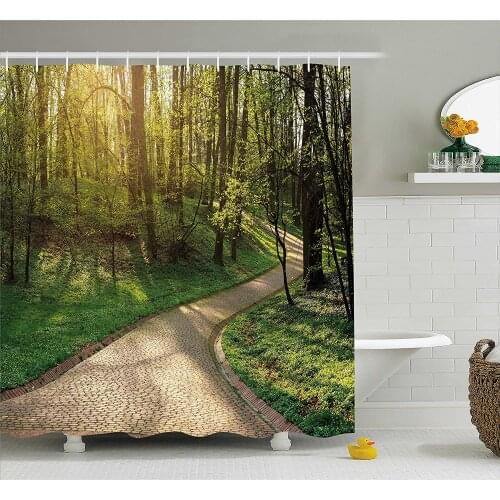 Outdoor Shower Curtain Footpath Green City Park Sun Rays Freshness Hiking Forest Tranquil Botany Waterproof Bath Curtains
