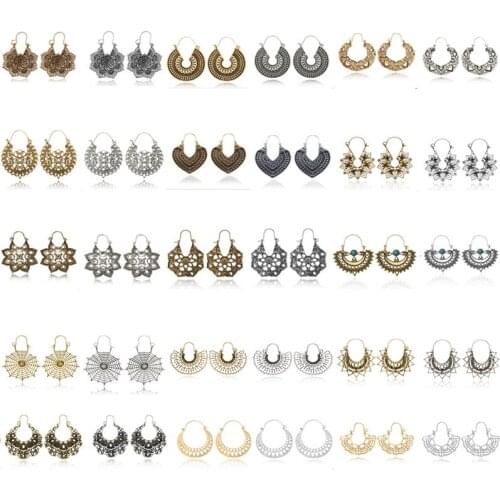 LIMARIO Vintage Antique Flowers Hoop Earrings for Women Gold Silver Color Alloy Metal Geometric Drop Earring Jewelry Pendiente