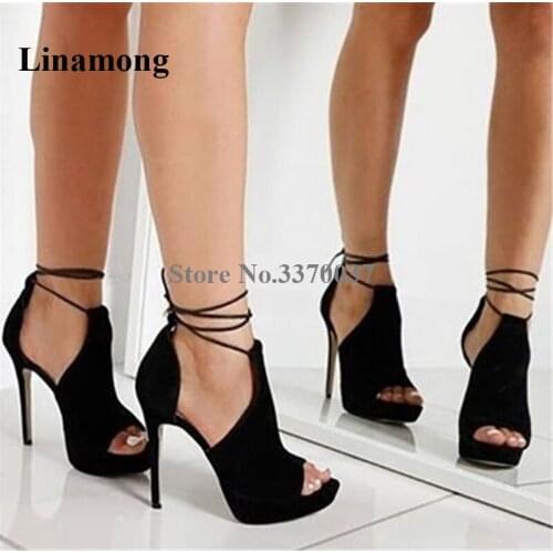 Western Style Women Fashion Peep Toe Suede Leather High Platform Pumps Lace-up Cut-out Strap Cross High Heels Dress Shoes