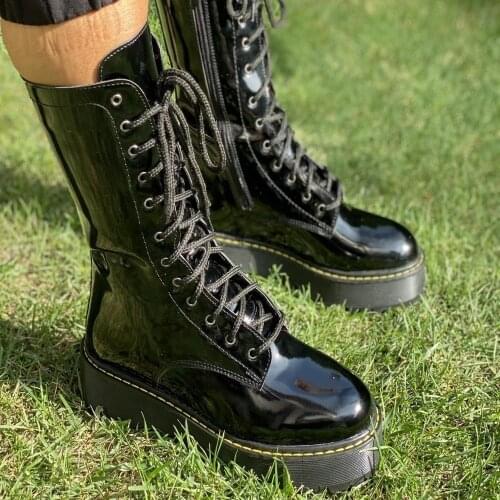 Womens winter autumn fashion boots new season Patent leath Faux Leather Materıal black Layd shoes raund toe high heels lace