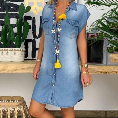 Womens Denim Dress Casual Turndown Neck Button T-shirt Denim Dress Plus Size Party Dresses Sleeveless Swing Dress Streetwear