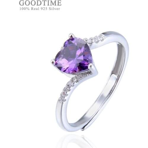 Fashion 925 Sterling Silver Jewelry Lovely Heart Rings For Wedding Girls Adjustable Finger Purple Cubic Zirconia Ring Gifts