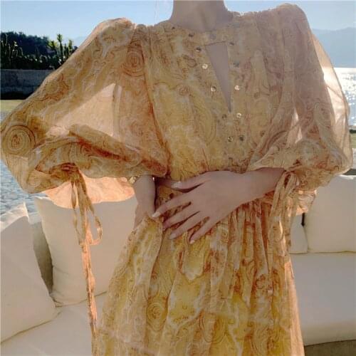 Seaside Vacation Beach Light Yellow Chiffon Dress 2021 Summer New Bohemian Super Fairy Puff Sleeve Big Swing Long Dress