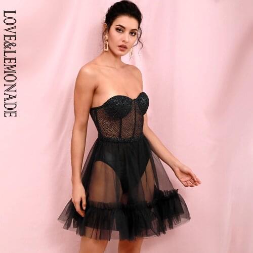 LOVE&LEMONADE Black Sexy Tube Top Perspective Mesh Fluffy Shape Glitter Glued Party Mini Dress LM82353
