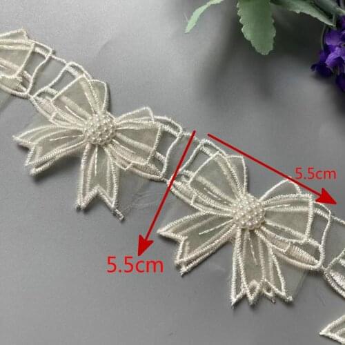 1 Yard Ivory Mesh Bowknot Rhinestones Embroidered Lace Trim Ribbon Patches Applique Fabric DIY Wedding Dress Sewing Supplies