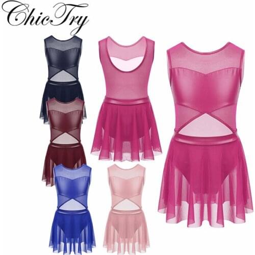 4-14 Years Kids Girls Teenage Sleeveless Tulle Faux Leather Splice Cutouts Front Ballet Dance Gymnastics Leotard Tulle Dress