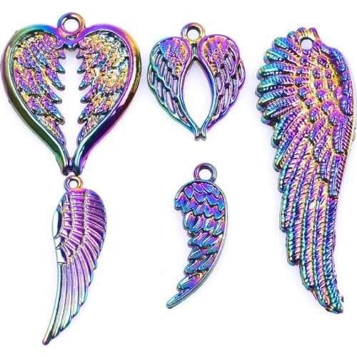 5pcs Mix Rainbow Heart Wings Charms For Jewelry Making Supplies DIY Accessories Feather Pendant Handmade Necklace Fashion Charm