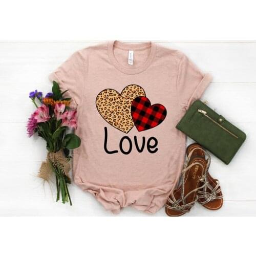 Valentines Day Leopard Print Heart Womens Gift LOVE Shirt Cotton Women Girl T-shirt Graphic Casual O Neck Short Sleeve Tees