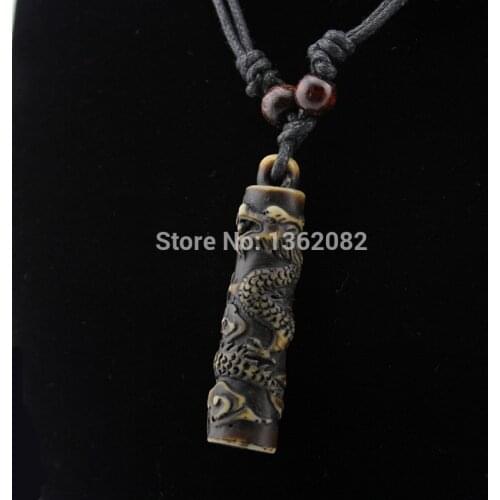 Simulation Bone Carving Totem Dragon Pendant Boy Mens Ethnic Wood Beads Necklace Amulet Lucky Gift MN112