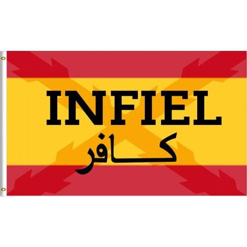 Bandera de España con la Cruz de Borgoña y la palabra Infiel en español y en árabe